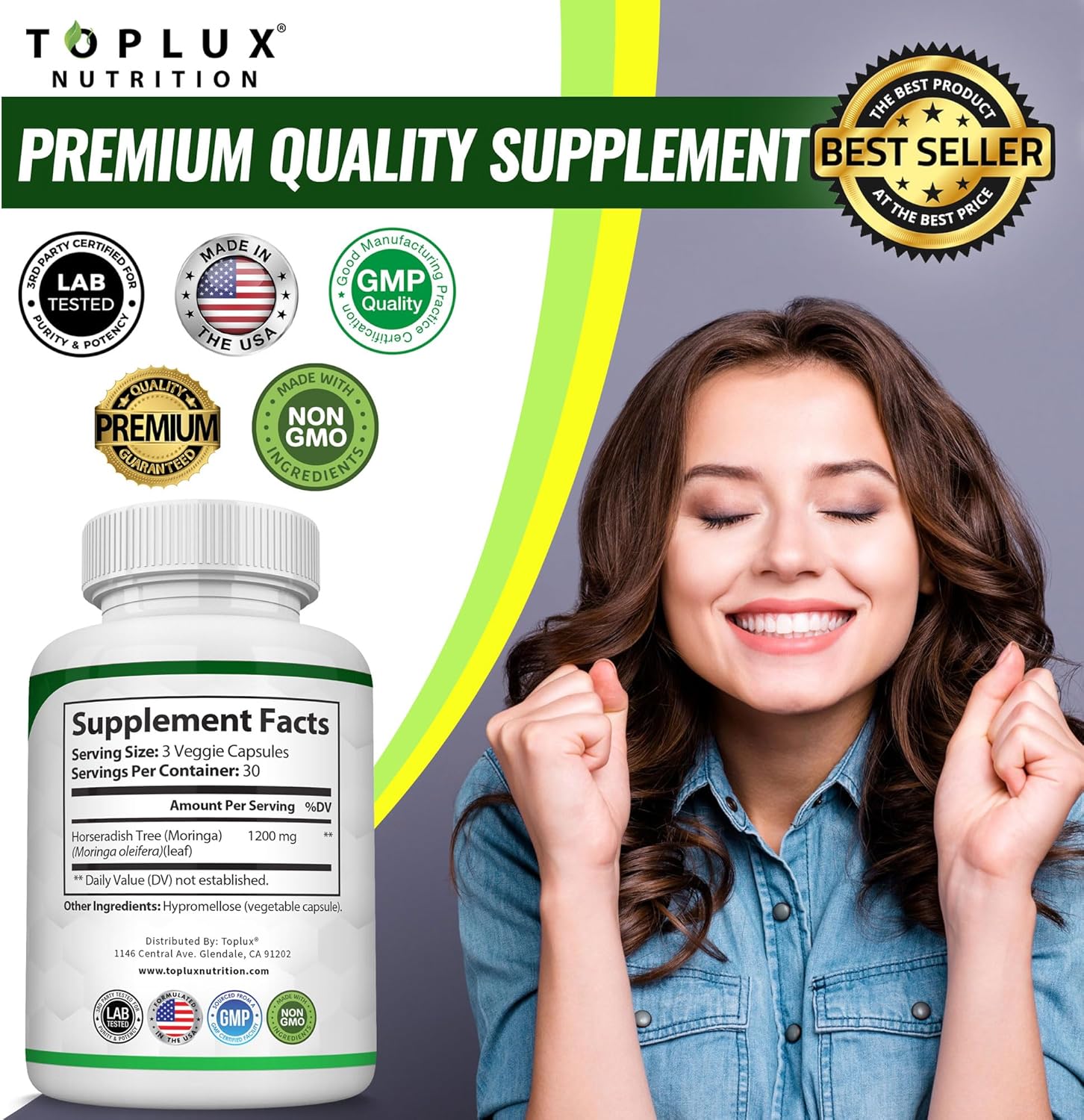 Moringa Capsules 1200mg – Pure Oleifera Leaf Superfood for Immune & Skin Health | Vegan, Non-GMO | 90 Capsules